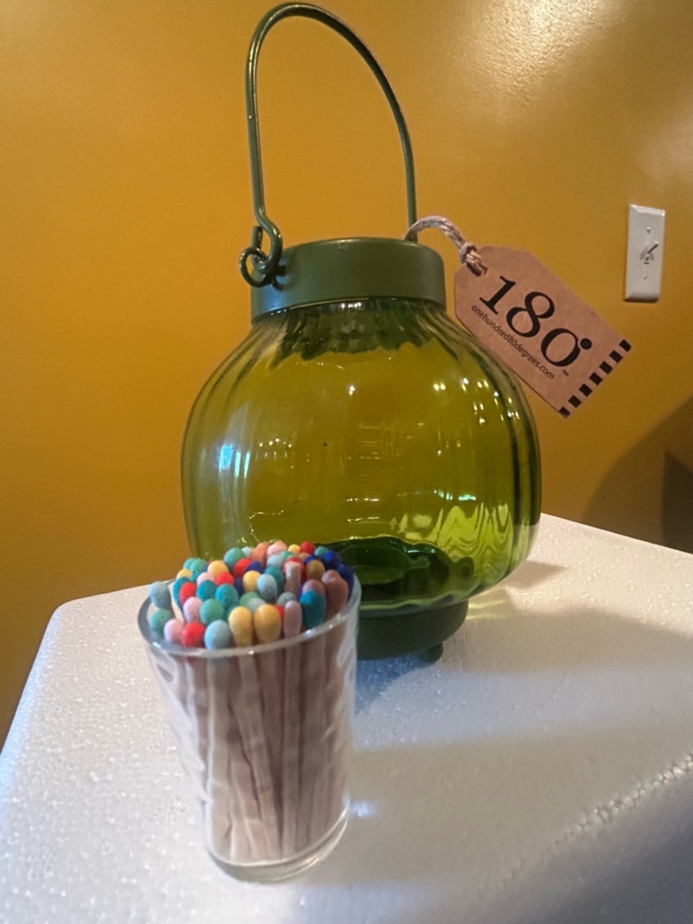 Summertime patio NEW 180º Green Glass Lantern w Handle & matches holder striker